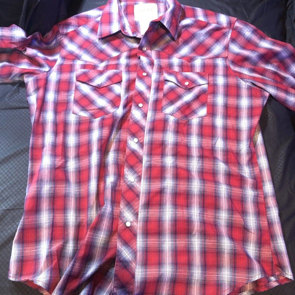 Vintage Wrangler Shirt Mens Large Red Plaid Pearl Snap Western Workwear 123